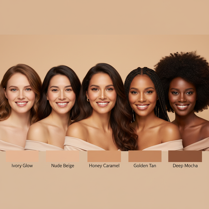 Five women with different skin tones and hairstyles, each labeled with a color swatch.